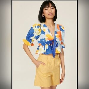 Peter Som Blue and Yellow Floral Cotton Crop Tie Blouse Rent The Runway